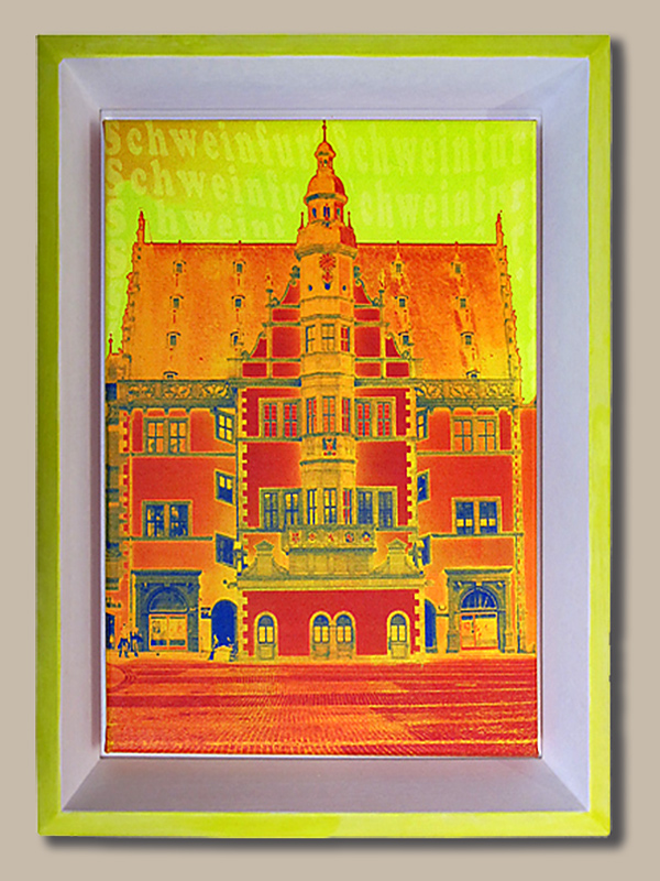 Schattenfugenrahmen DF Schatt 5 weiß mit gelber Kante mit Leinwandbild - `Rathaus Schweinfurt´