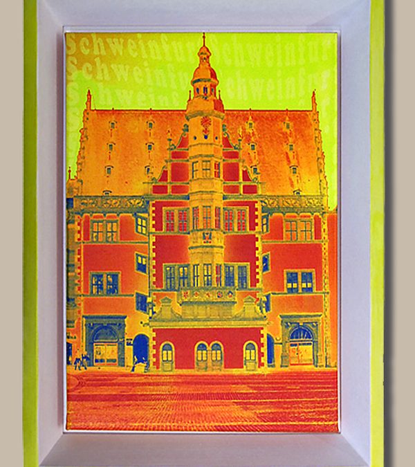 Schattenfugenrahmen DF Schatt 5  weiß mit gelber Kante mit Leinwandbild – `Rathaus Schweinfurt´